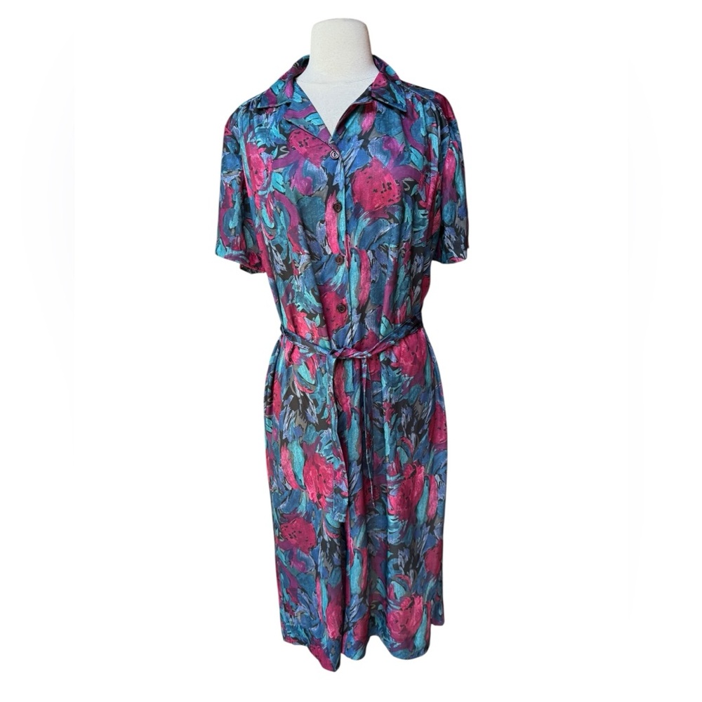 Deadstock 1970s A Nancy Frock Floral, Poly Dress w/Matching Belt & Right Hip Poc